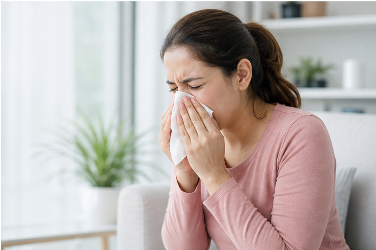 Patient sneezing due to allergic rhinitis